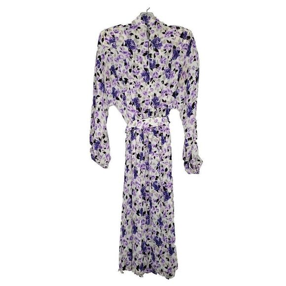Vintage Leslie Fay Floral Blouson Pleated Dress 12 Petite Purple Secretary Belt - Picture 5 of 8